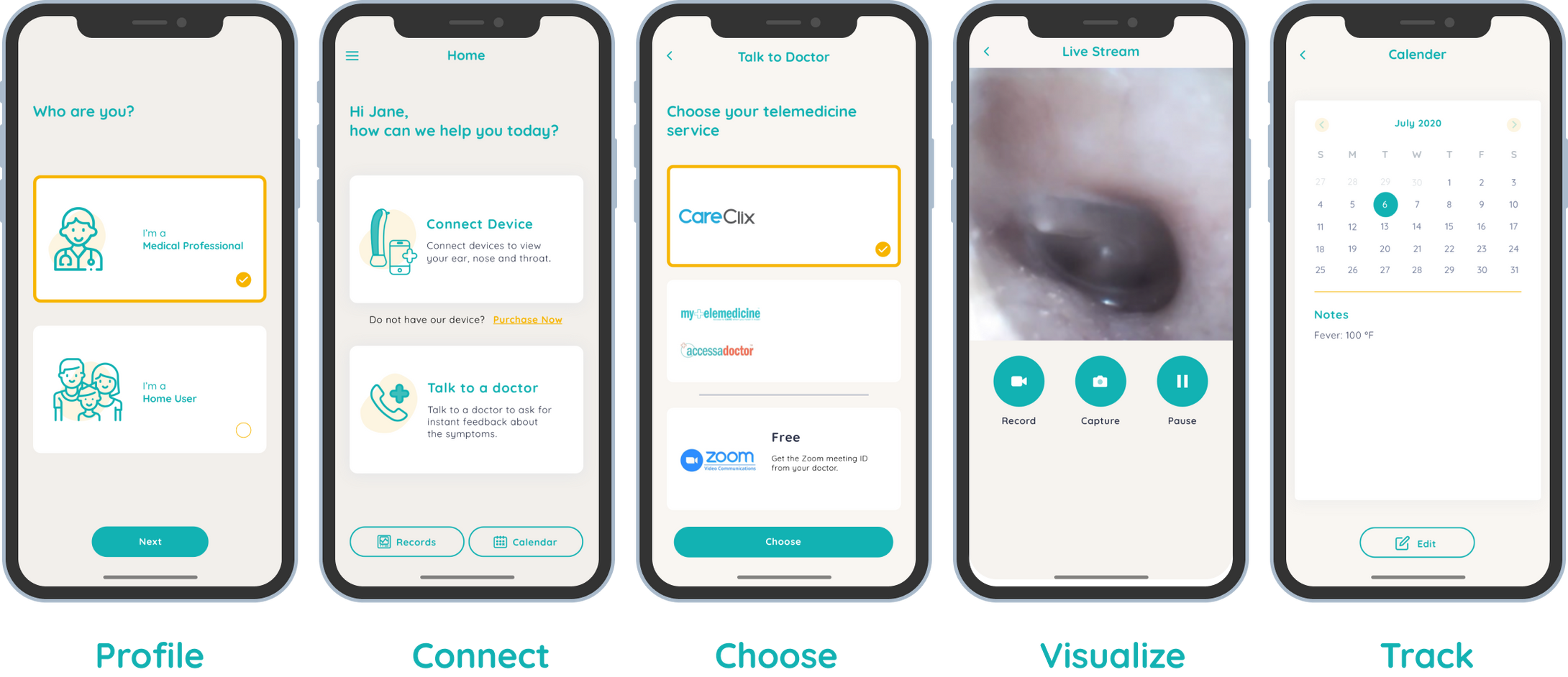 Free Remmie App used with the Remmie Ear Monitor and Otoscope for visualizing symptoms and connecting with care 24/7